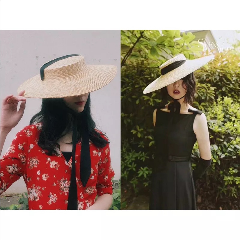 Derby flat boater tilt wide Brim Straw Ribbon hat